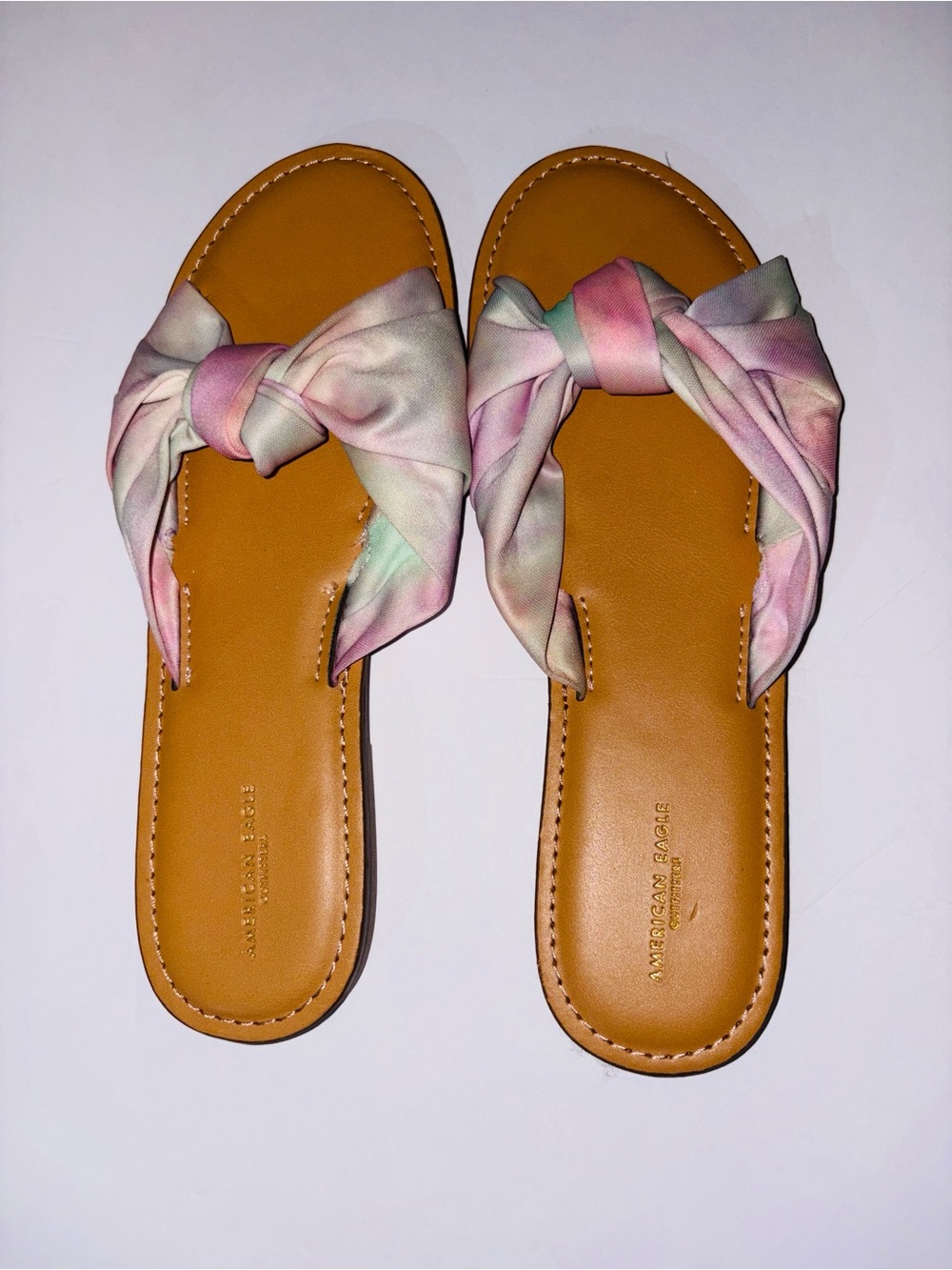 American Eagle Outfitters Pastel Tie-Dye Bow Slide Sandals - Tan Footbed